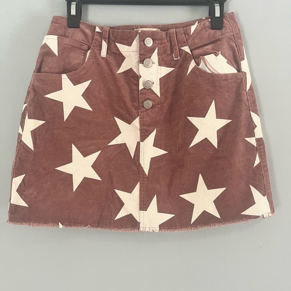 Altar’s State Corduroy Skirt Mauve with White Stars Sz M Raw Hem Button Fly - Picture 1 of 11